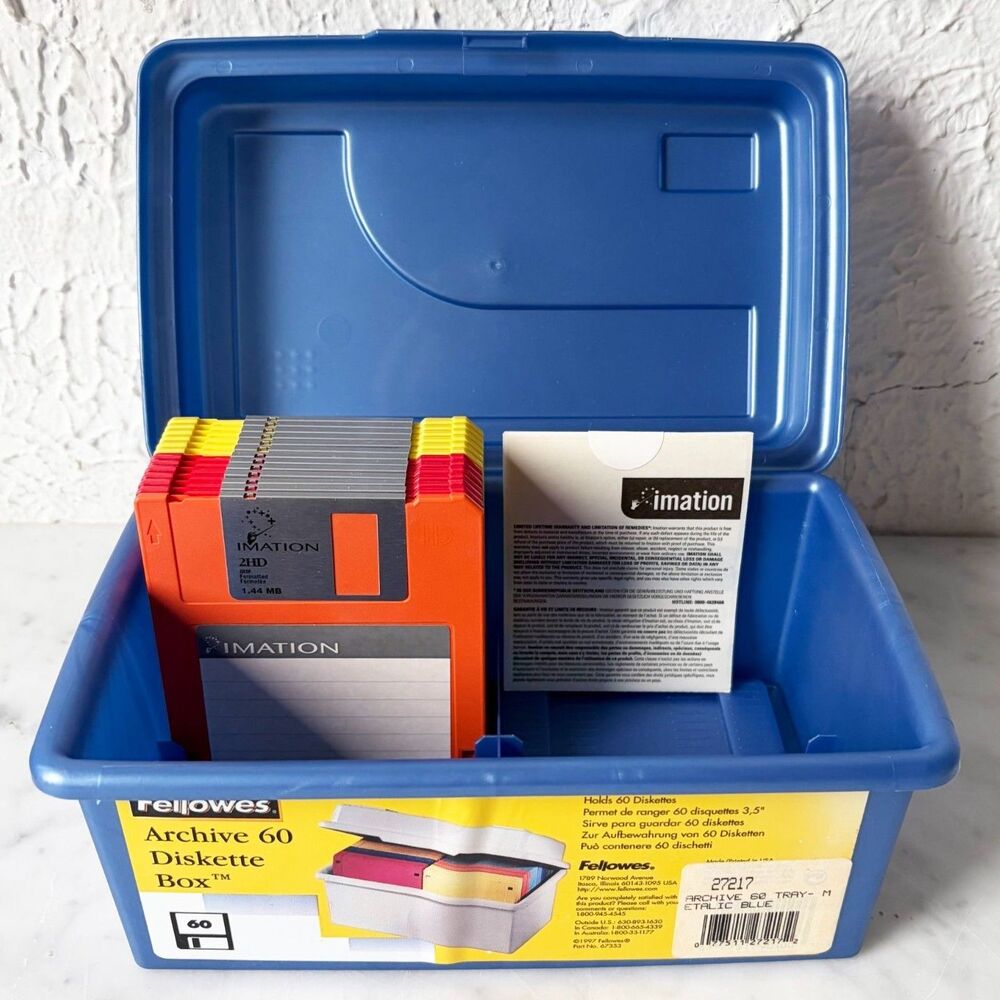 Vintage Fellowes Archive 60 Diskette Box Storage Case + 13 Floppy Disks & Labels